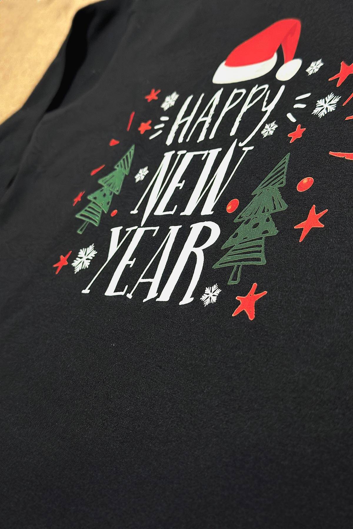 Yeni Yıl Happy New Year Yılbaşı Noel Kar Taneli Siyah Çocuk Uzun Kollu Tişört - 2