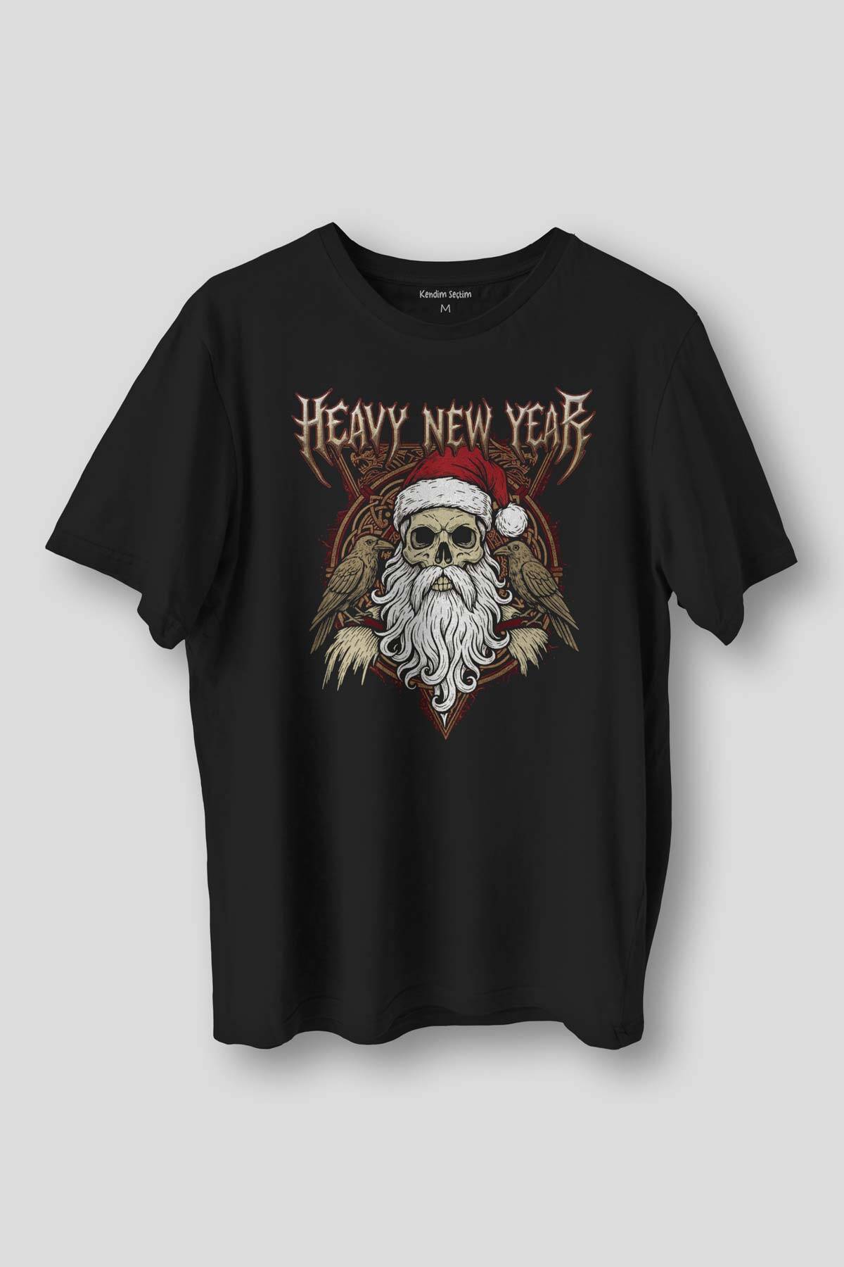 Heavy New Year Yeni Yıl Noel Merry Christmas Metal Music Yılbaşı Baskılı Siyah Tişört - 1
