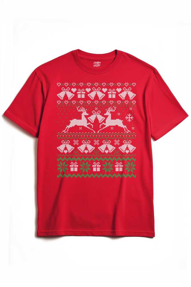 Yılbaşı Geyik Hediye Christmas Happy New Year Yeni Yıl Ugly Tee Baskılı T-shirt Kırmızı Tişört