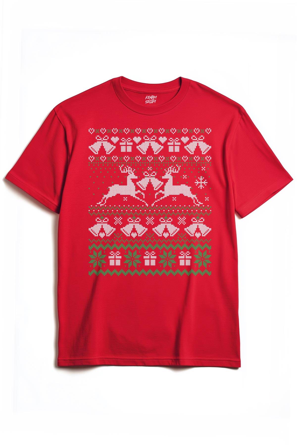 Yılbaşı Geyik Hediye Christmas Happy New Year Yeni Yıl Ugly Tee Baskılı T-shirt Kırmızı Tişört
