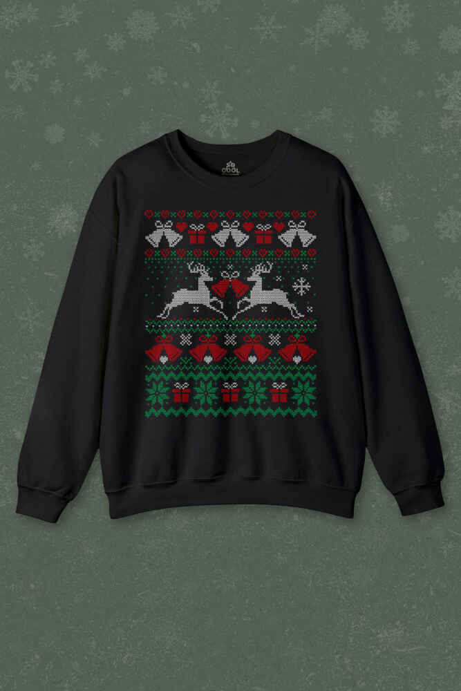 Yılbaşı Hediye Geyik Christmas Happy New Year Siyah Baskılı Sweatshirt