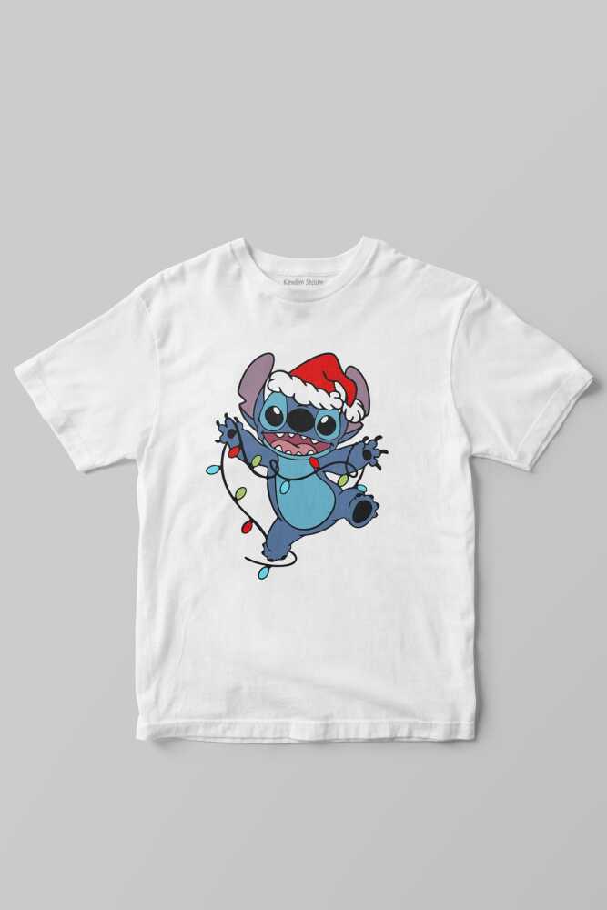 Yılbaşı Işıklarıyla Stitch Noel Şapkalı Christmas Sevimli Beyaz Çocuk Kısa Kollu Tişört