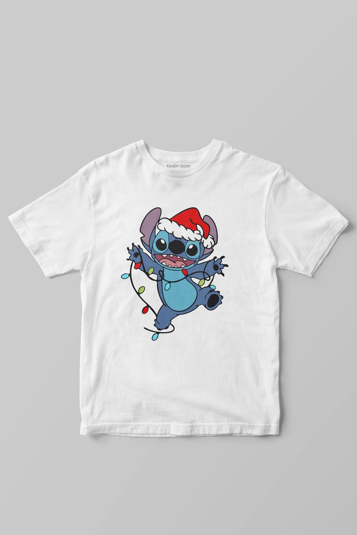 Yılbaşı Işıklarıyla Stitch Noel Şapkalı Christmas Sevimli Beyaz Çocuk Kısa Kollu Tişört - 1