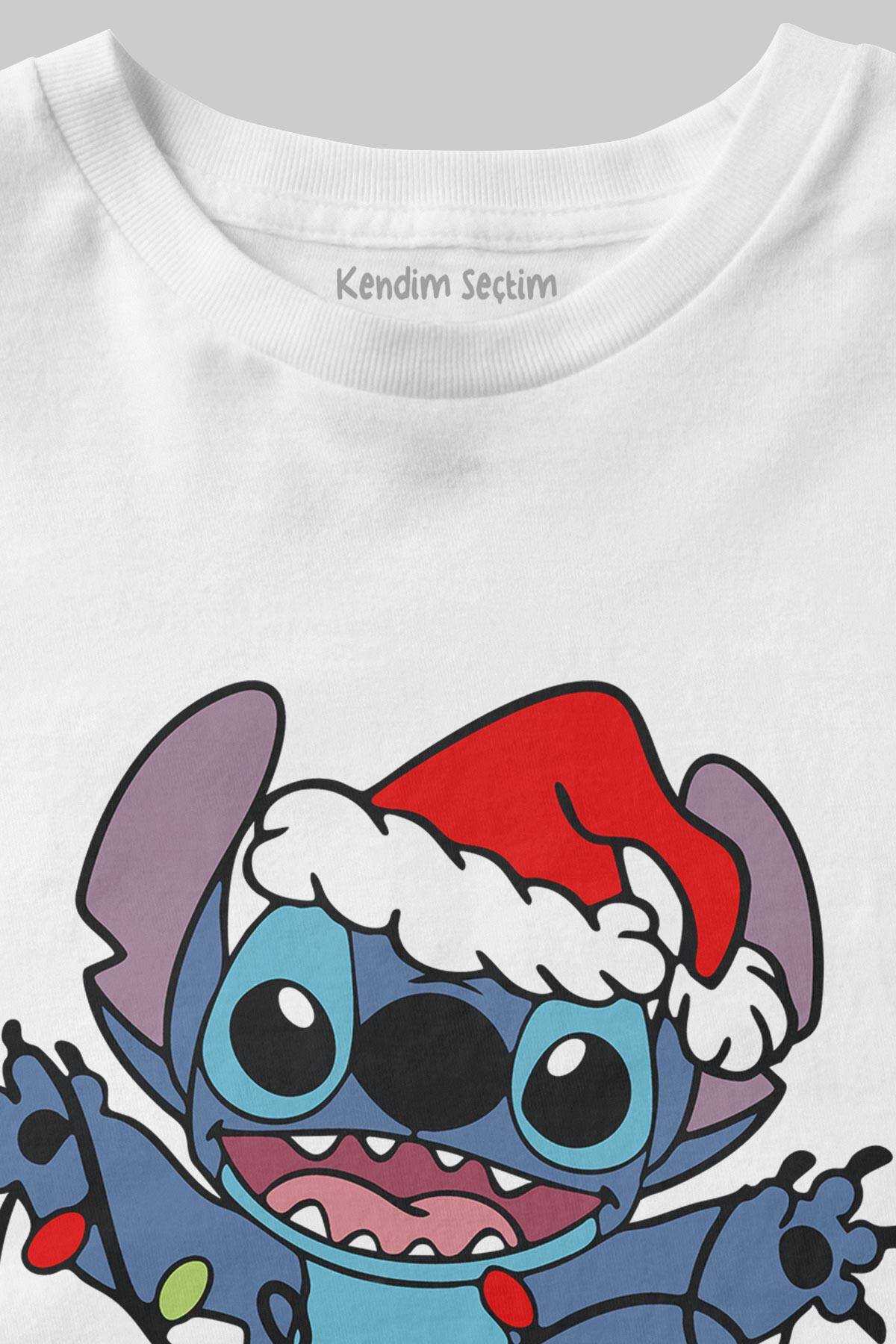 Yılbaşı Işıklarıyla Stitch Noel Şapkalı Christmas Sevimli Beyaz Çocuk Kısa Kollu Tişört - 2