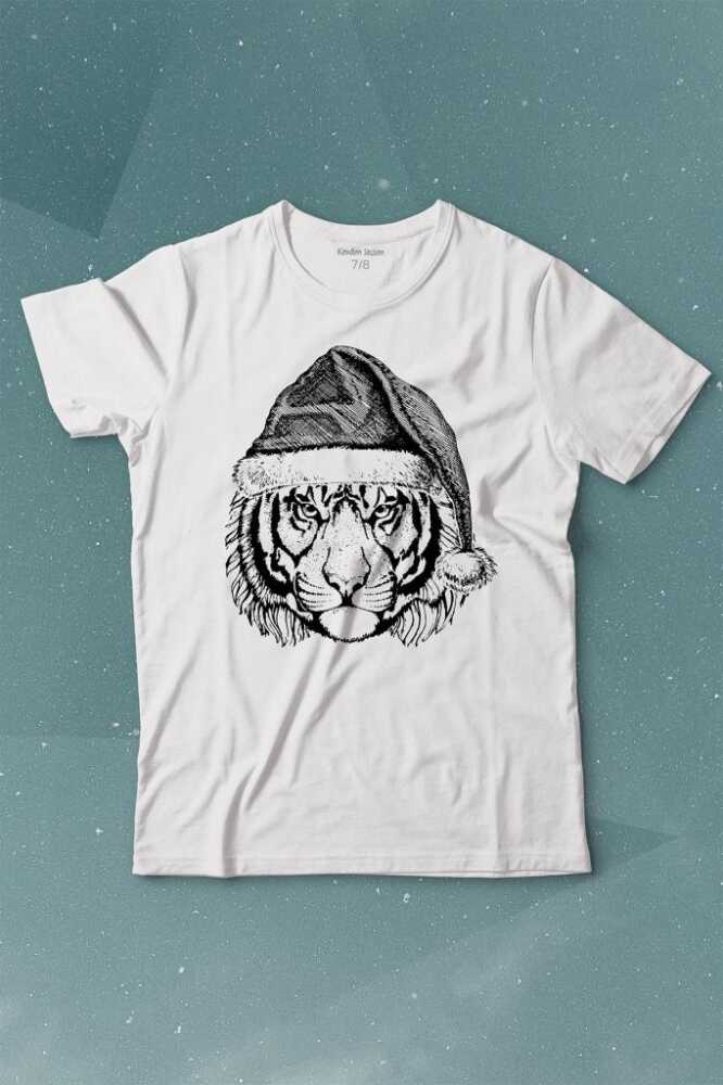 Yılbaşı Kaplanı Noel Şapkalı Tiger Wild Cat Christmas Beyaz Çocuk Kısa Kollu Tişört