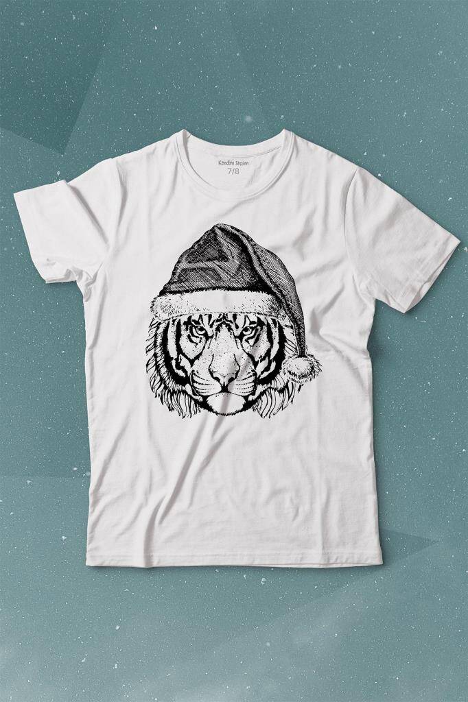 Yılbaşı Kaplanı Noel Şapkalı Tiger Wild Cat Christmas Beyaz Çocuk Kısa Kollu Tişört - 1