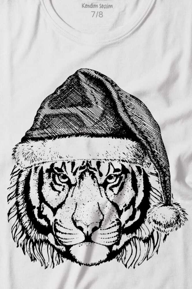 Yılbaşı Kaplanı Noel Şapkalı Tiger Wild Cat Christmas Beyaz Çocuk Kısa Kollu Tişört (1)