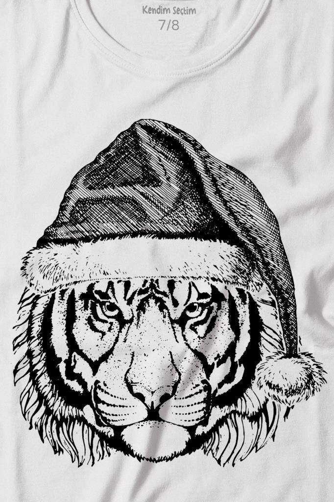 Yılbaşı Kaplanı Noel Şapkalı Tiger Wild Cat Christmas Beyaz Çocuk Kısa Kollu Tişört - 2