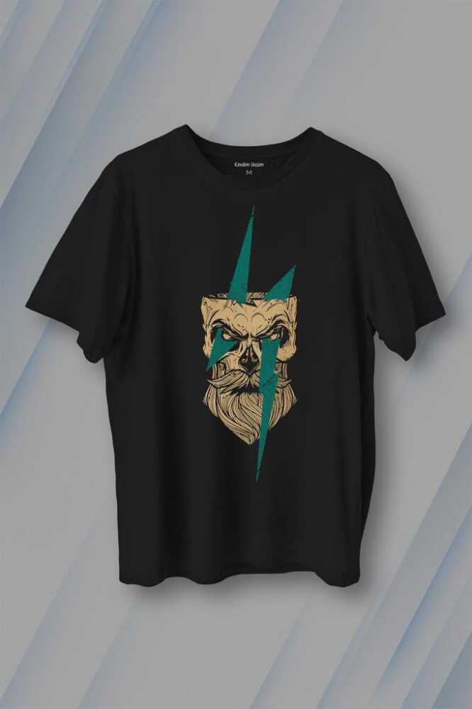 Yıldırım Gothic Sakallı Heykel Baskılı Siyah Tişört Unisex