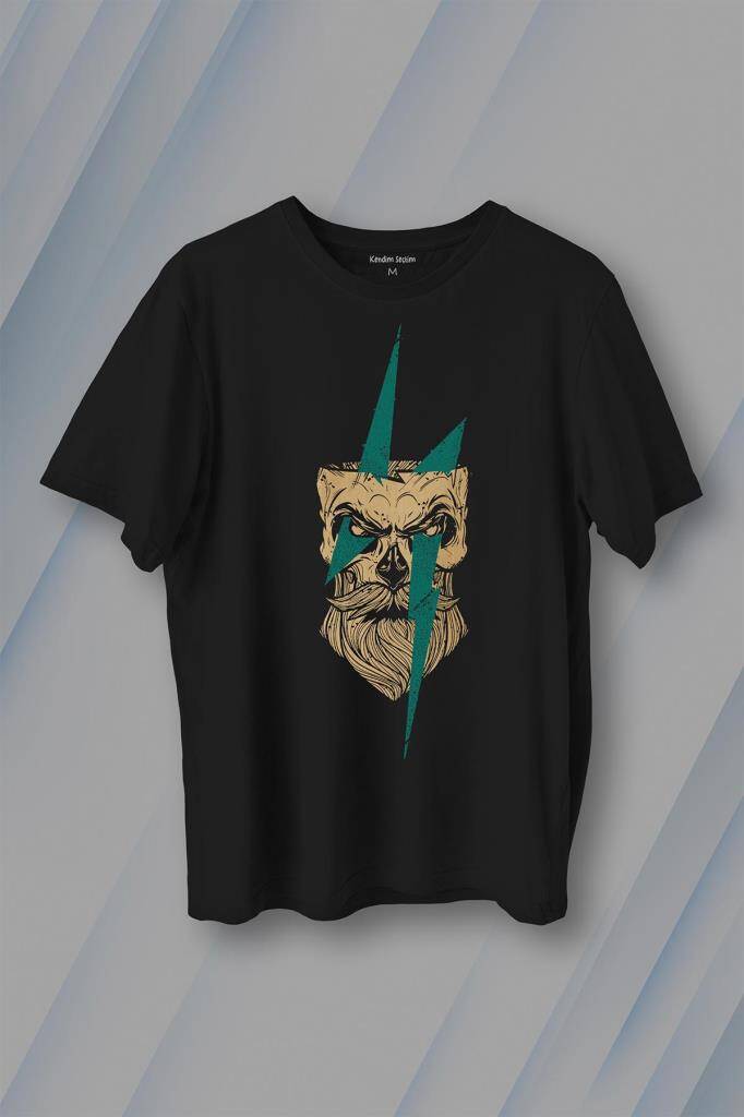 Yıldırım Gothic Sakallı Heykel Baskılı Siyah Tişört Unisex
