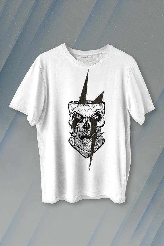 Yıldırım Gothic Sakallı Heykel Baskılı Beyaz Tişört Unisex