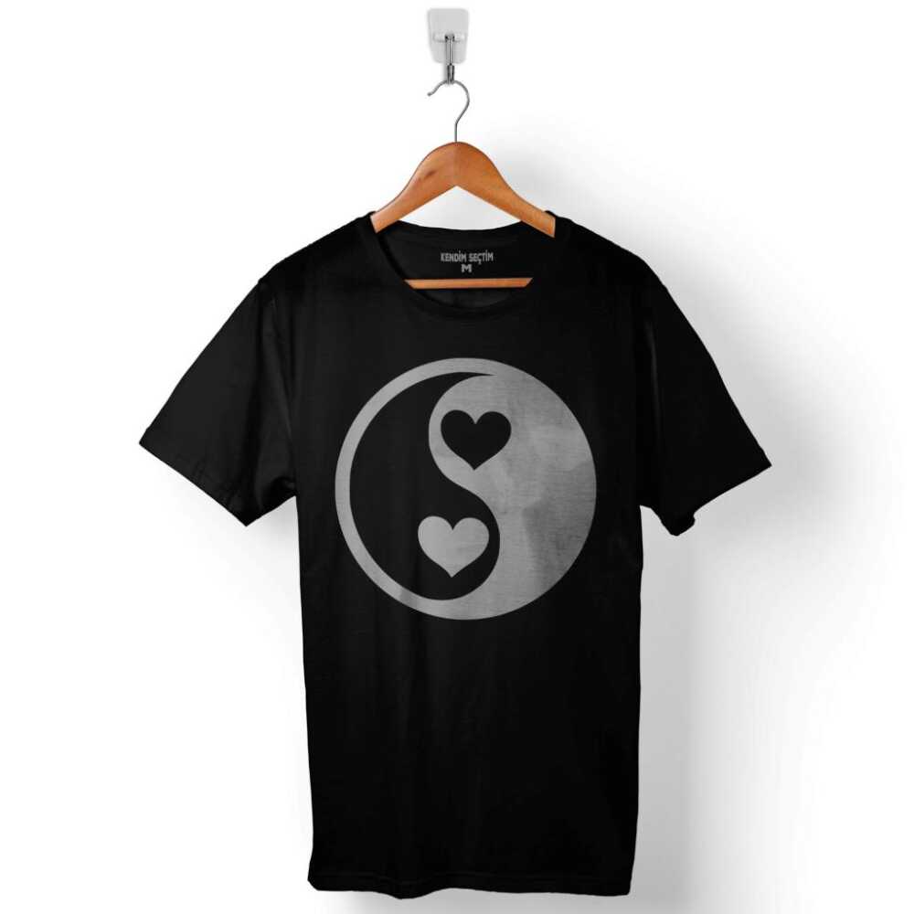Yin Yang Logo Tamamlanan Kalp İyilik Kötülük Baskılı Tişört Unisex