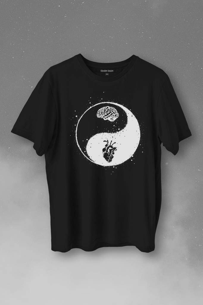 Yin Yang Kalp Beyin Aşk Mantık Baskılı Siyah Tişört Unisex