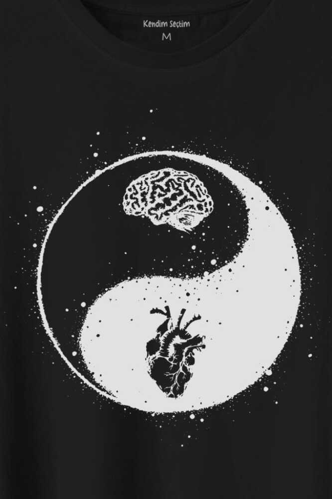 Yin Yang Kalp Beyin Aşk Mantık Baskılı Siyah Tişört Unisex (1)