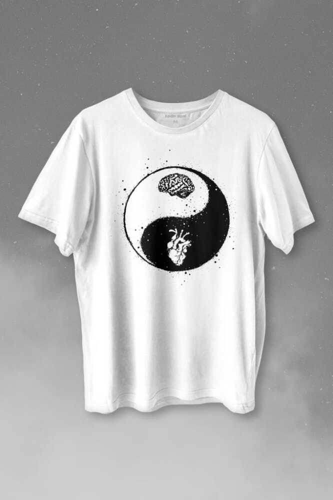 Yin Yang Kalp Beyin Aşk Mantık Baskılı Beyaz Tişört Unisex