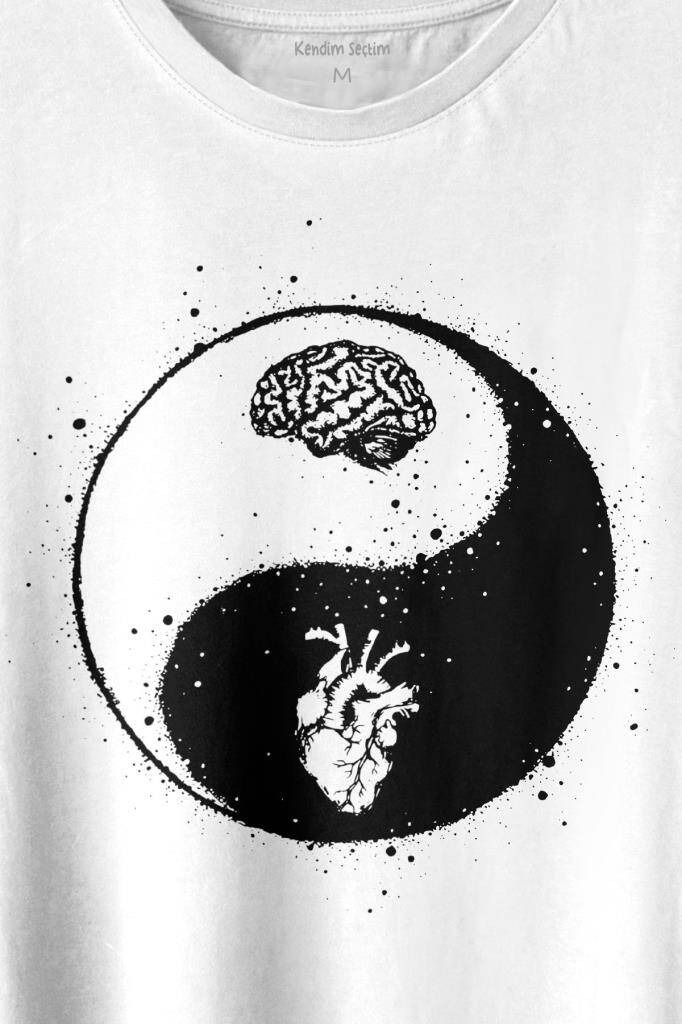 Yin Yang Kalp Beyin Aşk Mantık Baskılı Beyaz Tişört Unisex (1)