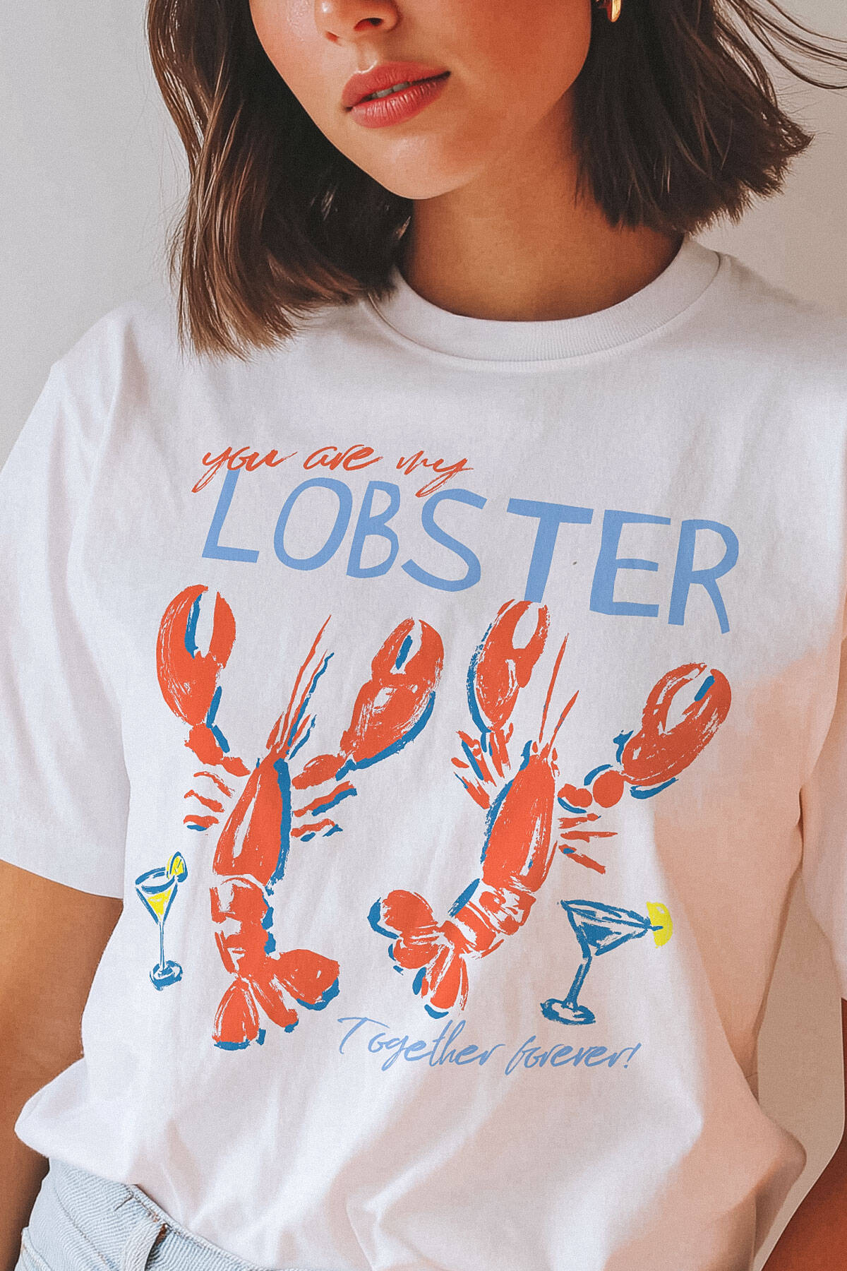 You Are My Lobster Love Friends Aşk Sevgi Istakoz Baskılı Beyaz Tişört Kısa Kollu